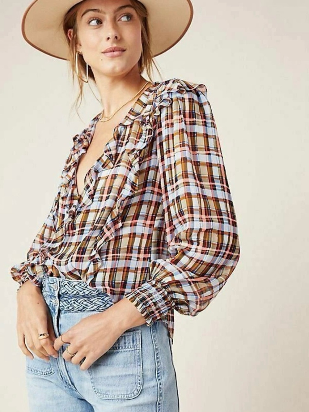 Anthropologie Maeve Laila Plaid Ruffle Surplice Top Boho Preppy Casual Size 2